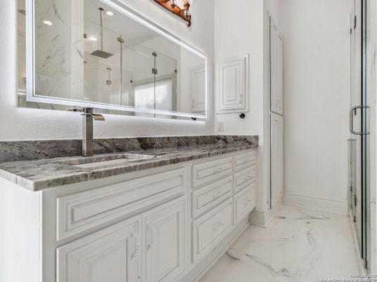Bathroom, Dual Sink Vanities, Glass Shower, Interior, Marble, Marble Walls