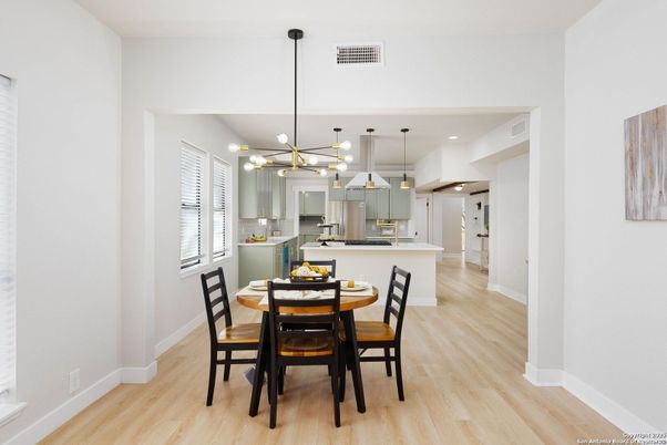 Dining room, Interior, Kitchen, Pendant Lights, Recessed Lighting, Wood Texture Flooring