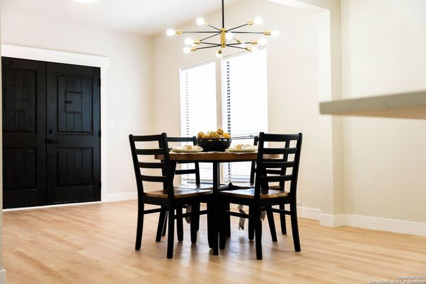 Dining room, Interior, Pendant Lights, Wood Texture Flooring