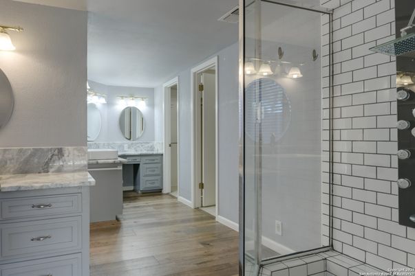 Bathroom, Glass Shower, Interior, Wood Texture Flooring