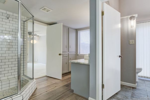 Bathroom, Glass Shower, Interior, Wood Texture Flooring