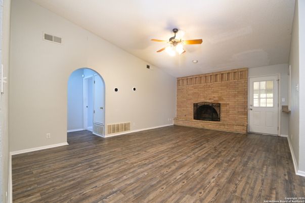 Empty room, Fireplace, Interior, Stone Walls, Wood Texture Flooring