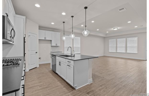 Interior, Kitchen, Pendant Lights, Recessed Lighting, Stainless Steel Appliances, Wood Texture Flooring
