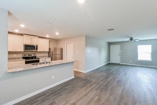 Interior, Kitchen, Recessed Lighting, Wood Texture Flooring