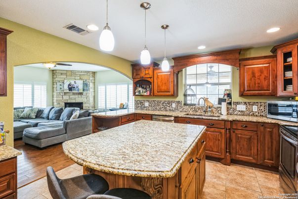 Fireplace, Interior, Kitchen, Living room, Pendant Lights, Recessed Lighting, Stone Walls
