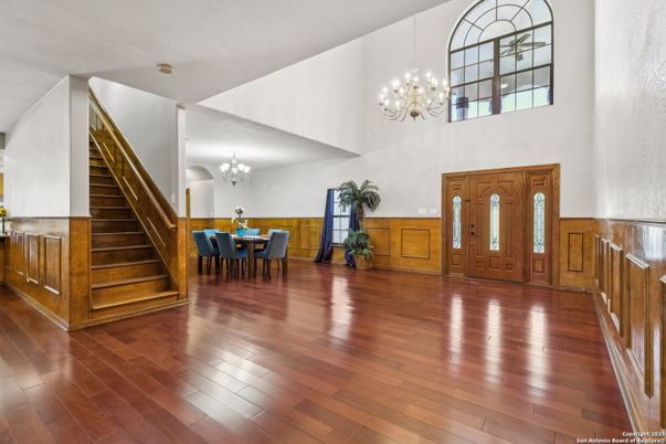 Chandelier, Dining room, Interior, Wood Texture Flooring