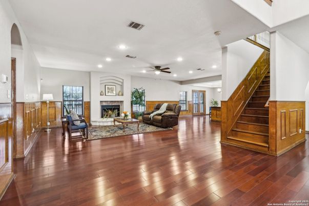 Fireplace, Interior, Living room, Recessed Lighting, Wood Texture Flooring
