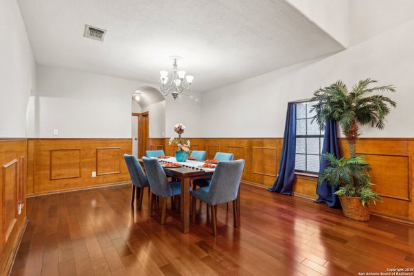 Chandelier, Dining room, Interior, Wood Texture Flooring
