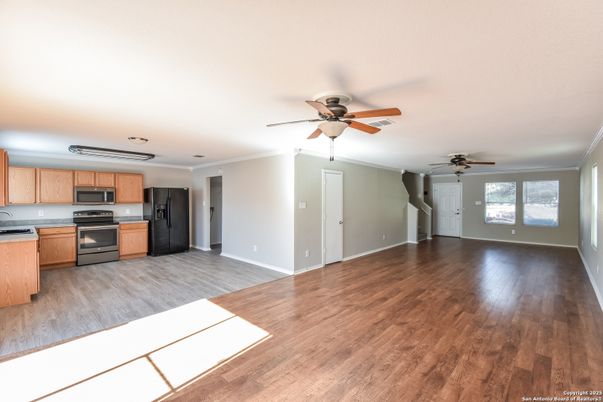 Empty room, Interior, Kitchen, Stainless Steel Appliances, Wood Texture Flooring