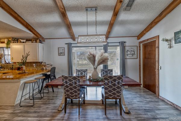 Dining room, Interior, Pendant Lights, Wooden Beams, Wood Texture Flooring