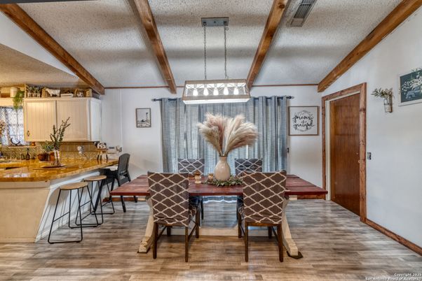 Dining room, Interior, Pendant Lights, Wooden Beams, Wood Texture Flooring