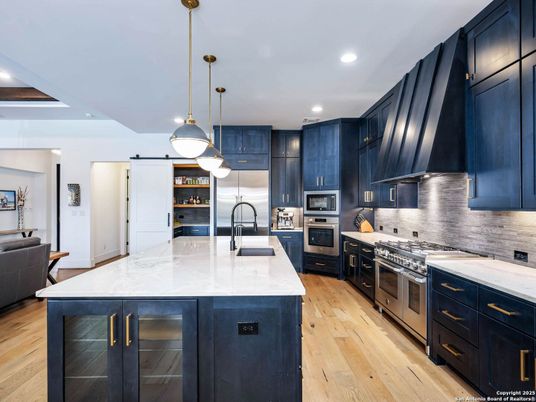 Interior, Kitchen, Pendant Lights, Recessed Lighting, Stainless Steel Appliances, Wood Texture Flooring
