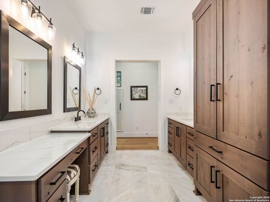 Bathroom, Dual Sink Vanities, Interior, Marble, Wood Texture Flooring