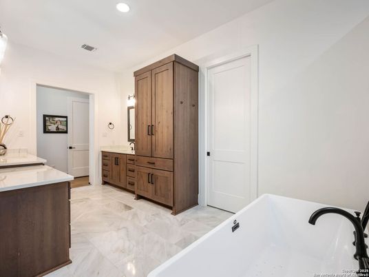Bathroom, Dual Sink Vanities, Interior, Marble, Recessed Lighting