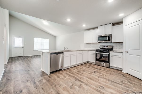 Interior, Kitchen, Recessed Lighting, Stainless Steel Appliances, Wood Texture Flooring