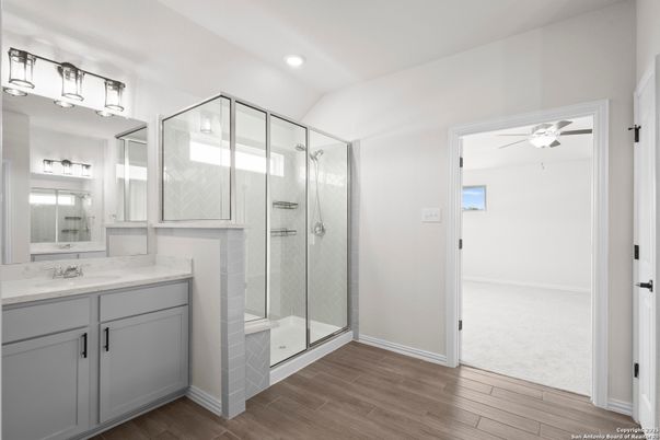 Bathroom, Glass Shower, Interior, Recessed Lighting, Wood Texture Flooring