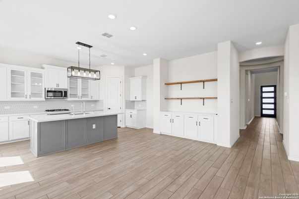 Interior, Kitchen, Pendant Lights, Recessed Lighting, Stainless Steel Appliances, Wood Texture Flooring