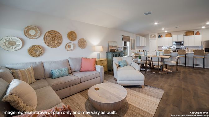 Dining room, Interior, Kitchen, Living room, Recessed Lighting, Stainless Steel Appliances, Wood Texture Flooring
