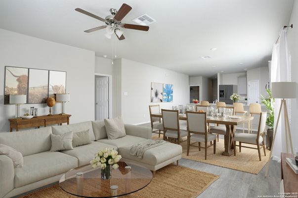 Dining room, Interior, Living room, Recessed Lighting, Wood Texture Flooring