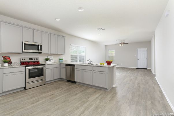 Interior, Kitchen, Recessed Lighting, Stainless Steel Appliances, Wood Texture Flooring