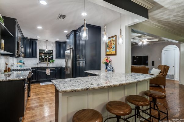 Interior, Kitchen, Pendant Lights, Recessed Lighting, Stainless Steel Appliances, Wood Texture Flooring