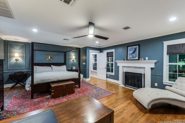 Bedroom, Fireplace, Interior, Recessed Lighting, Wood Texture Flooring