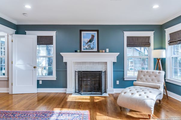 Fireplace, Interior, Recessed Lighting, Wood Texture Flooring
