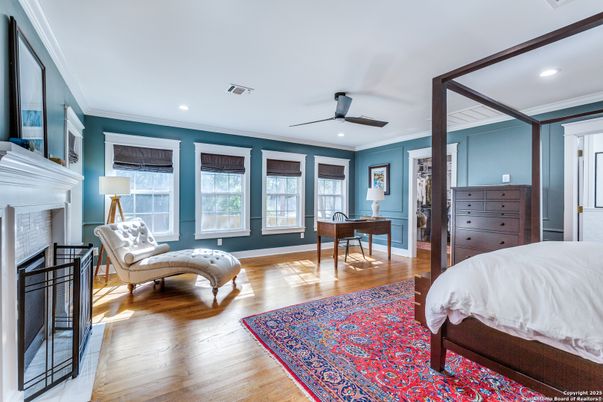 Bedroom, Fireplace, Interior, Recessed Lighting, Wood Texture Flooring