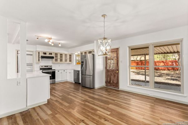 Interior, Kitchen, Pendant Lights, Stainless Steel Appliances, Wood Texture Flooring
