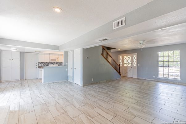 Empty room, Interior, Kitchen, Recessed Lighting, Wood Texture Flooring