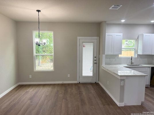 Interior, Kitchen, Pendant Lights, Recessed Lighting, Wood Texture Flooring