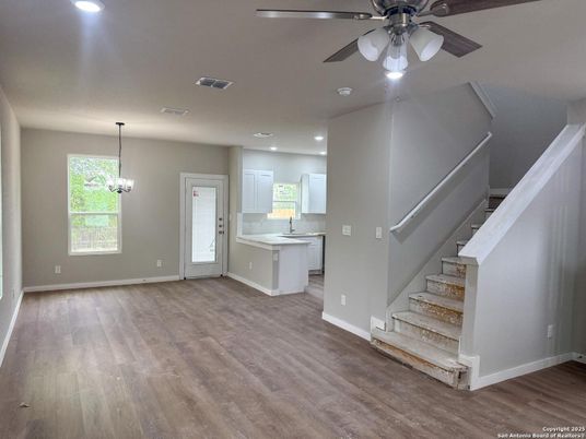 Interior, Kitchen, Pendant Lights, Recessed Lighting, Wood Texture Flooring