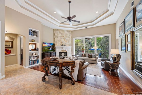Fireplace, Interior, Living room, Recessed Lighting, Wood Texture Flooring