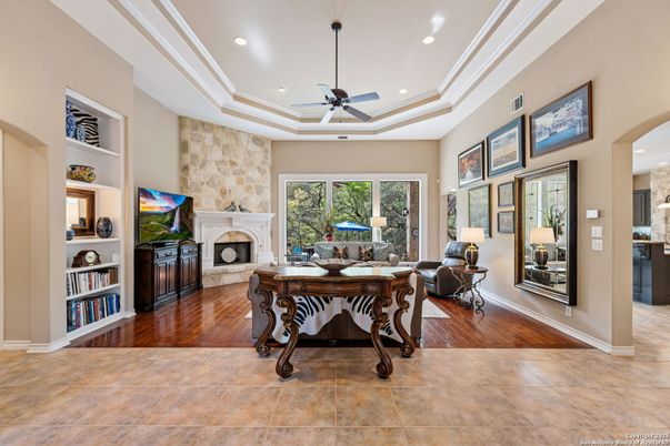 Fireplace, Interior, Living room, Recessed Lighting, Wood Texture Flooring
