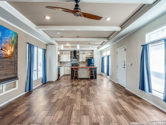 Dining room, Interior, Kitchen, Pendant Lights, Recessed Lighting, Wood Texture Flooring