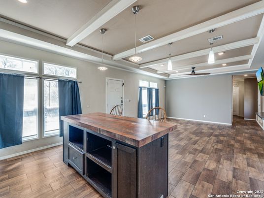 Interior, Kitchen, Pendant Lights, Recessed Lighting, Wood Texture Flooring