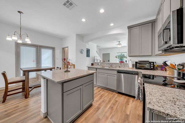 Interior, Kitchen, Pendant Lights, Recessed Lighting, Wood Texture Flooring