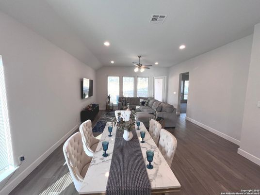 Dining room, Interior, Living room, Recessed Lighting, Wood Texture Flooring