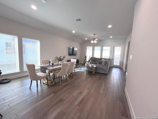 Dining room, Interior, Living room, Recessed Lighting, Wood Texture Flooring