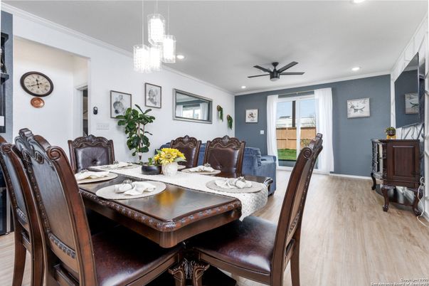 Dining room, Interior, Pendant Lights, Recessed Lighting, Wood Texture Flooring