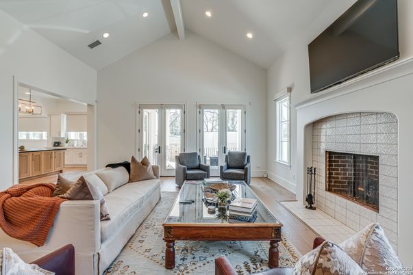 Fireplace, Interior, Living room, Recessed Lighting, Wood Texture Flooring