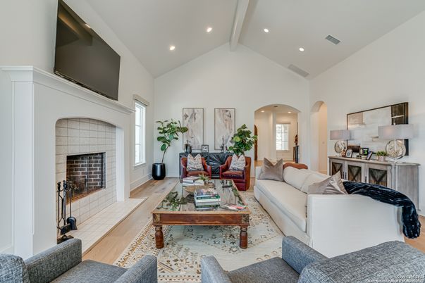 Fireplace, Interior, Living room, Recessed Lighting, Wood Texture Flooring