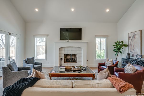 Fireplace, Interior, Living room, Recessed Lighting, Wood Texture Flooring