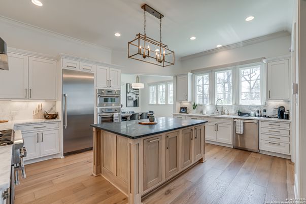 Interior, Kitchen, Pendant Lights, Recessed Lighting, Stainless Steel Appliances, Wood Texture Flooring