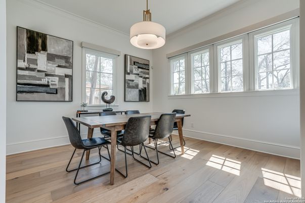 Dining room, Interior, Pendant Lights, Wood Texture Flooring