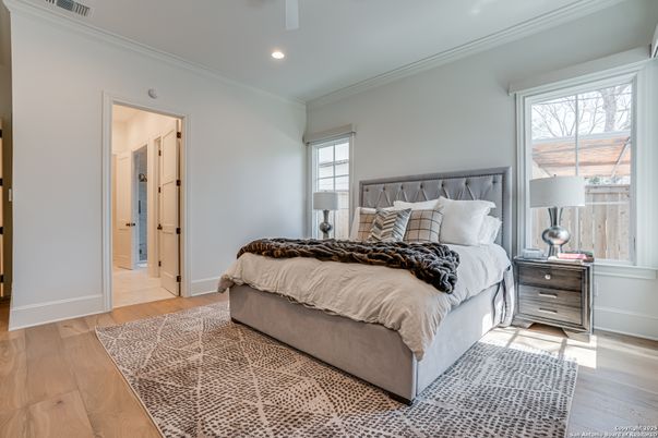 Bedroom, Interior, Recessed Lighting, Wood Texture Flooring