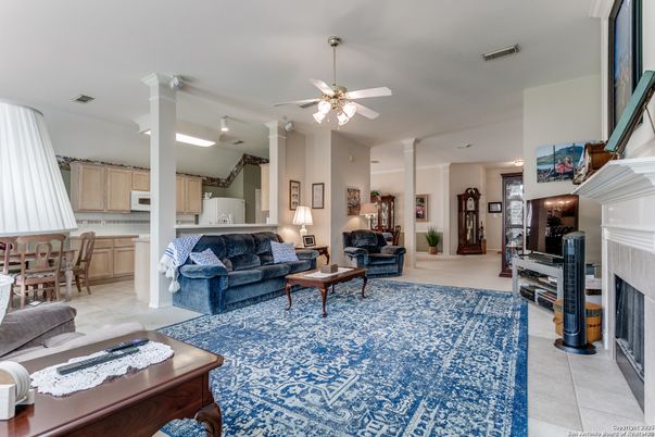 Dining room, Fireplace, Interior, Living room, Recessed Lighting