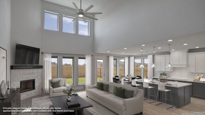 Dining room, Fireplace, Interior, Kitchen, Living room, Pendant Lights, Recessed Lighting, Wood Texture Flooring