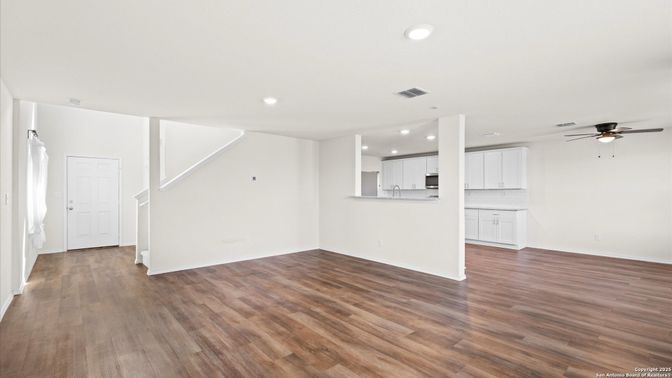Empty room, Interior, Kitchen, Recessed Lighting, Wood Texture Flooring