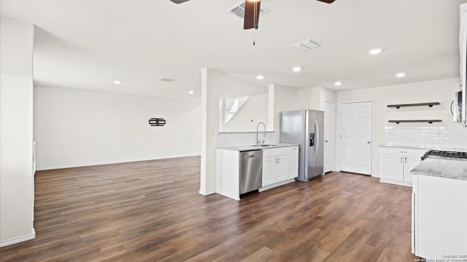Interior, Kitchen, Recessed Lighting, Stainless Steel Appliances, Wood Texture Flooring